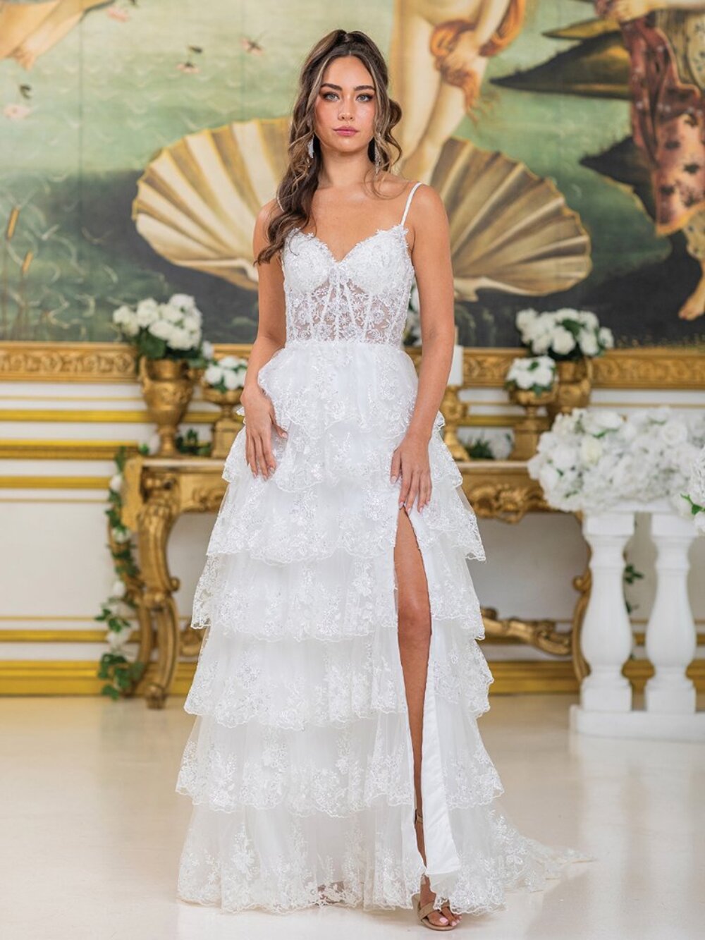 NEW OFF WHITE Lace Spaghetti Strap Wedding Dress Floor Length With Slit 0286